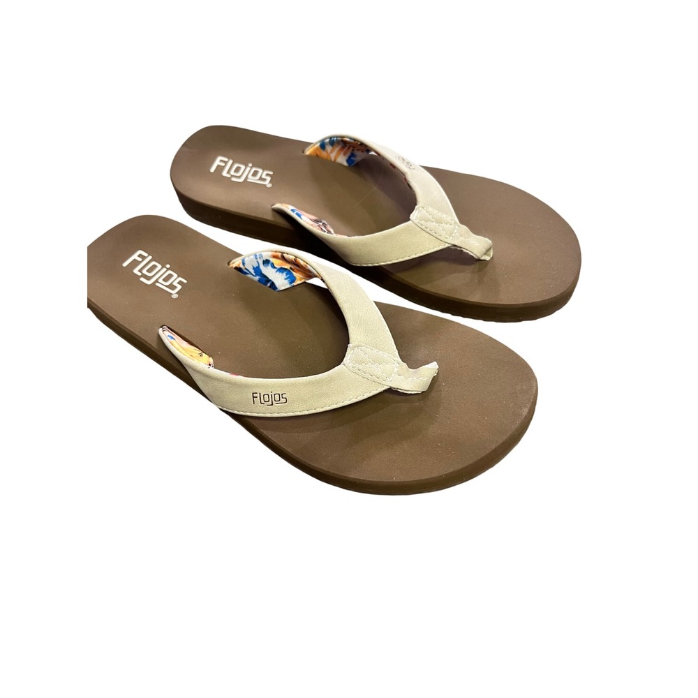 Flojos Womens 7.5 Brown Beige Floral Strap Thong Flip Flop Sandals Beach